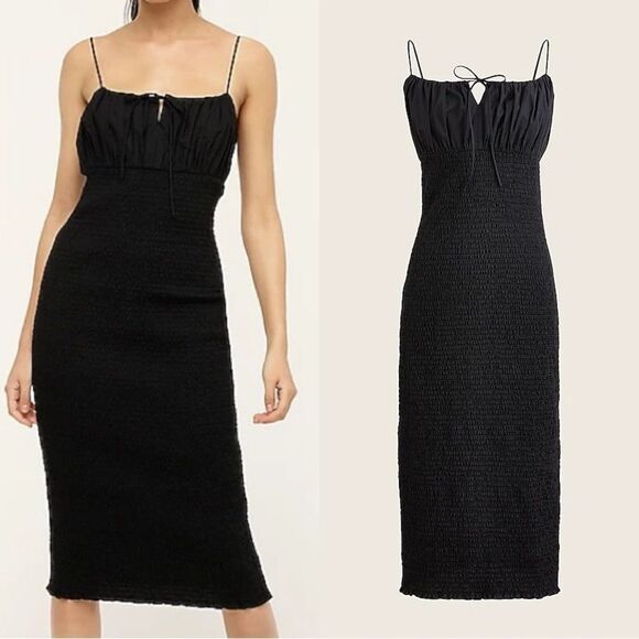 NWT J Crew Smocked Tie Front Black Linen Midi Dress - Picture 1 of 8
